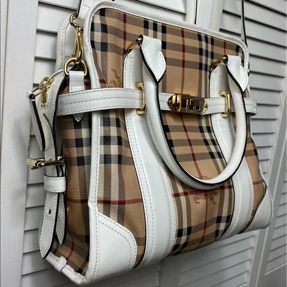 VTG Burberry Minford Satchel Haymarket Coated Canvas White Leather Gold Hardware - Picture 6 of 16